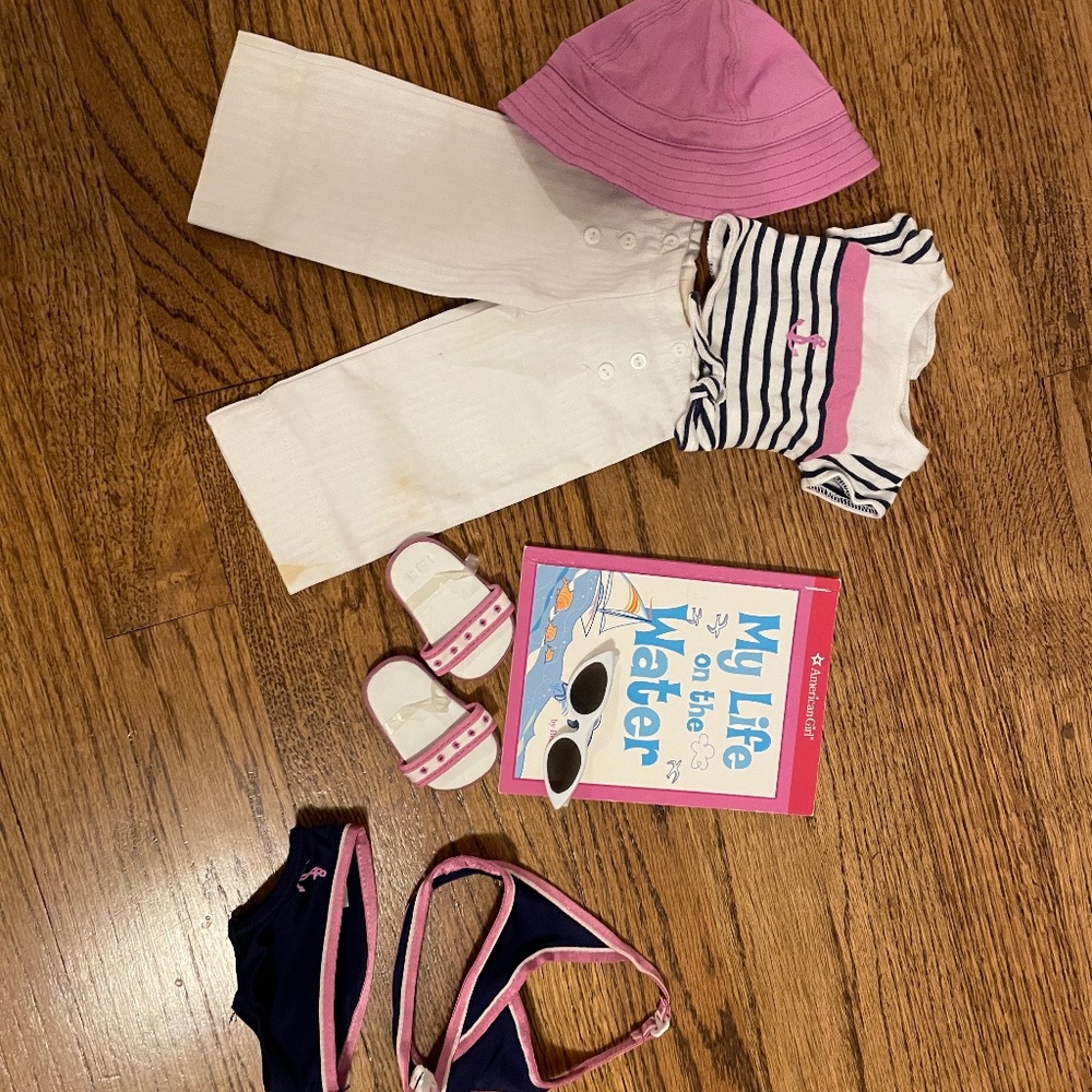american girl two in one beach outfit, book and sunglasses